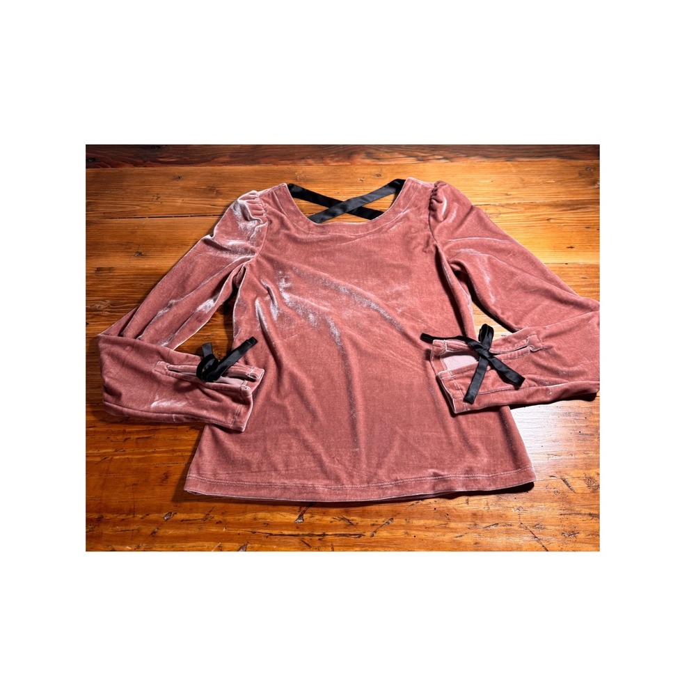 Anthropologie Velvet Top Pink Open Back Crisscross Ribbon Tie Cuff Women XS - Picture 7 of 14